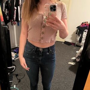 Forever 21 Ribbed Button-Up Tan Crop Top